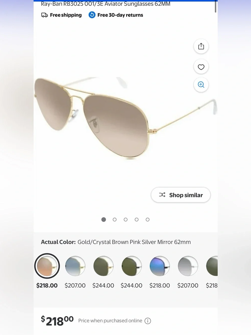 RayBan Aviators Gold/Crystal Brown Pink Silver Mirror 62mm
